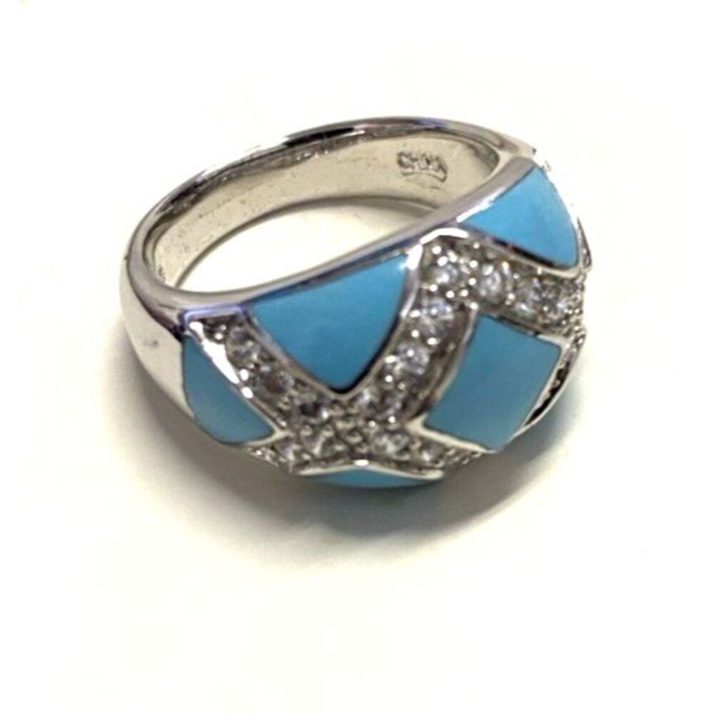 Eric Grosshardt Sterling Silver Turquoise Inlay CZ Dome Ring Vintage Size 8.5